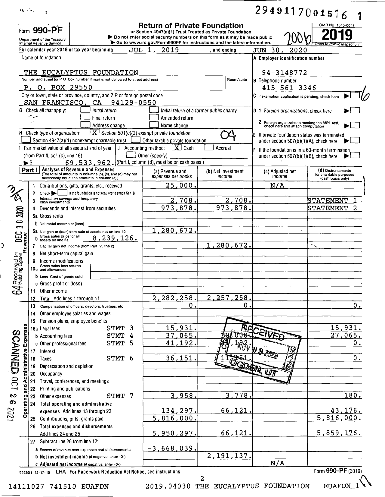Image of first page of 2019 Form 990PF for The Eucalyptus Foundation