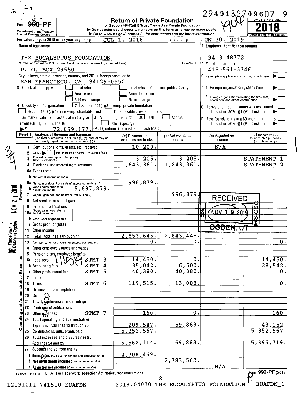 Image of first page of 2018 Form 990PF for The Eucalyptus Foundation