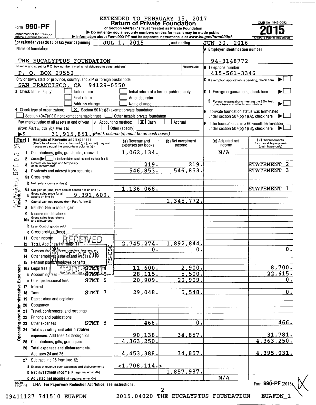 Image of first page of 2015 Form 990PF for The Eucalyptus Foundation