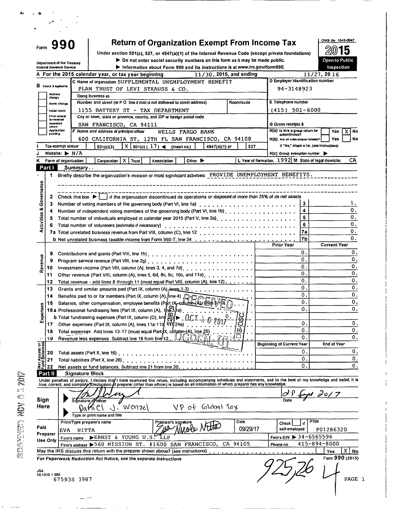 Image of first page of 2015 Form 990O for Supplemental Unemployment Benefit Plan Trust of Levi Strauss and