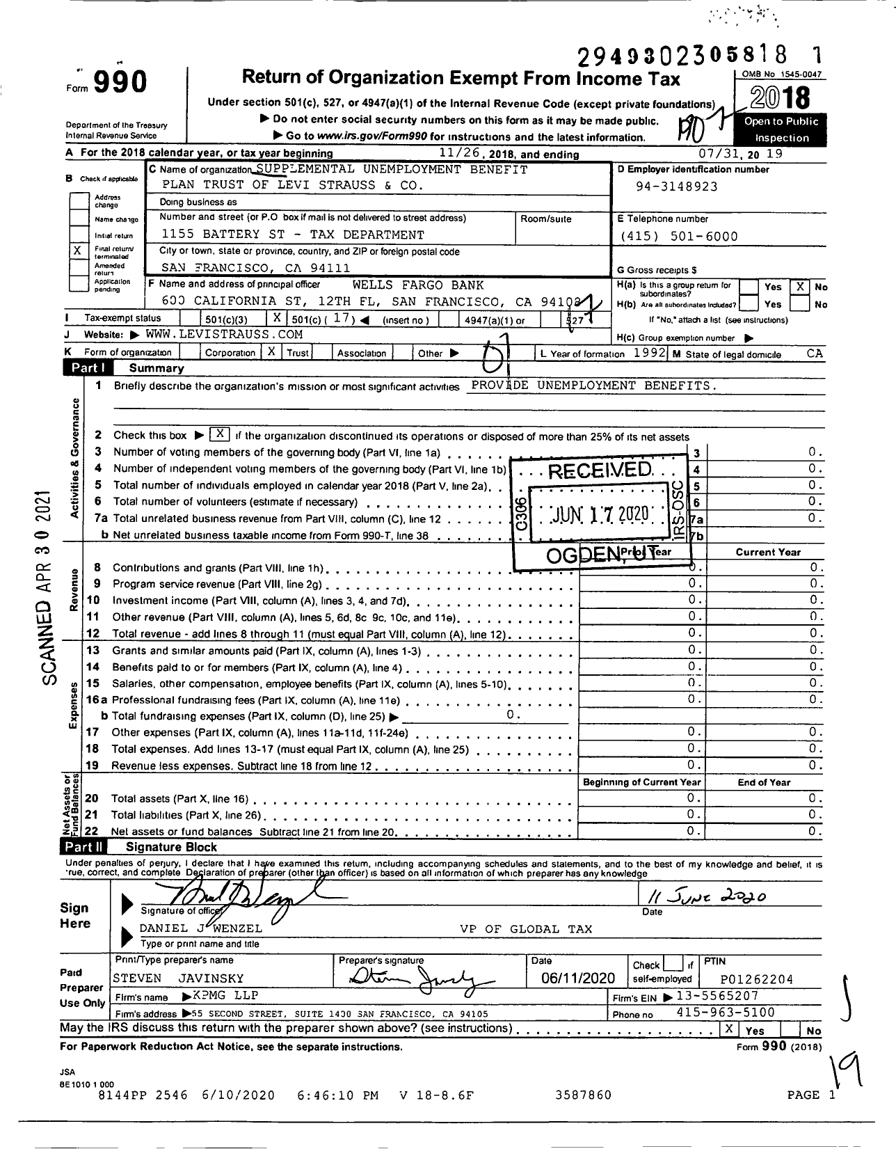 Image of first page of 2018 Form 990O for Supplemental Unemployment Benefit Plan Trust of Levi Strauss and