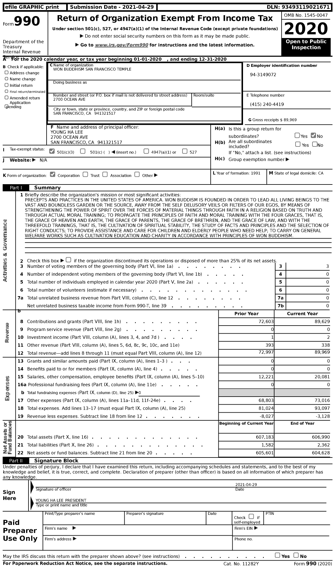 Image of first page of 2020 Form 990 for Won Buddhism San Francisco Temple