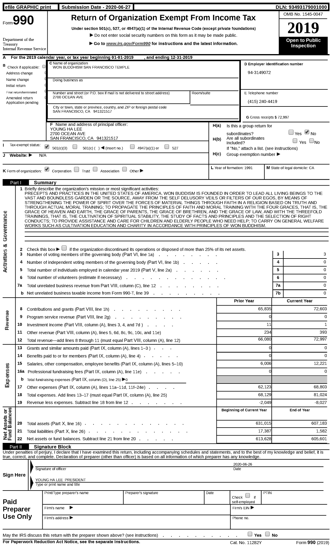 Image of first page of 2019 Form 990 for Won Buddhism San Francisco Temple