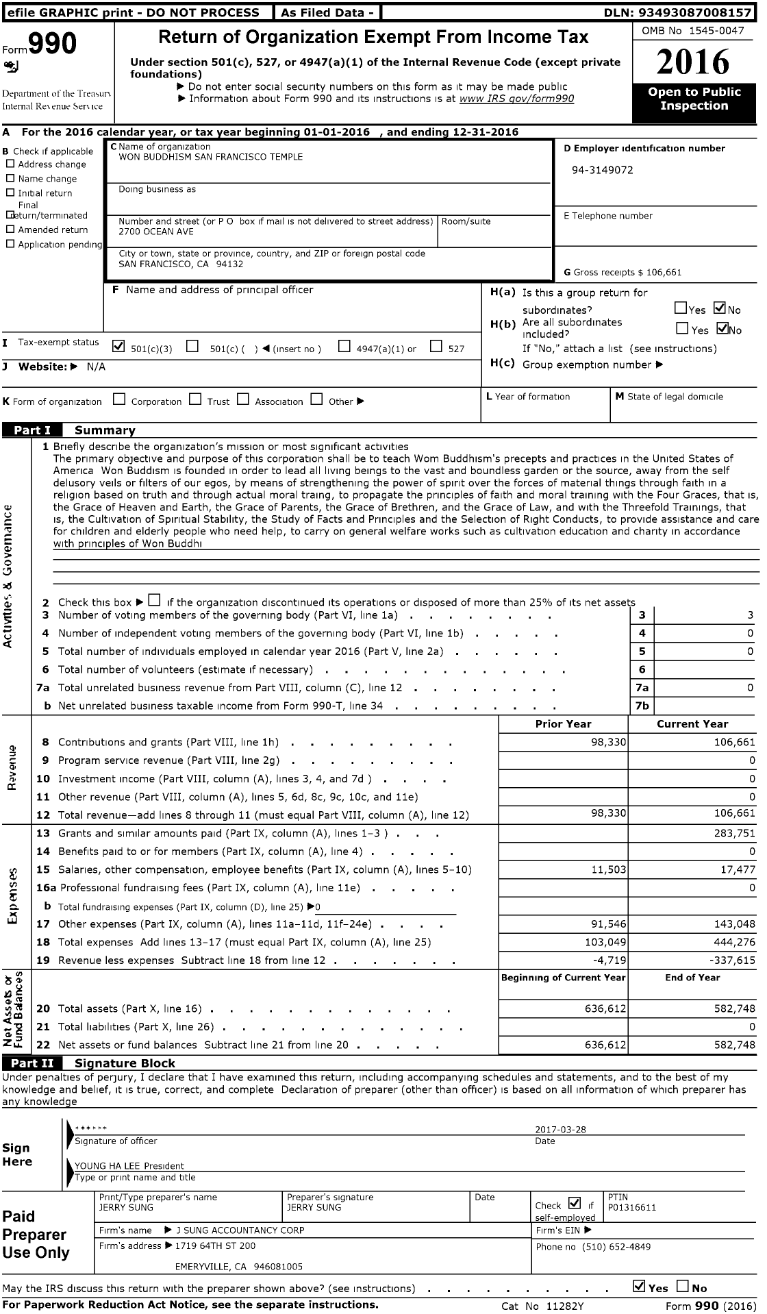 Image of first page of 2016 Form 990 for Won Buddhism San Francisco Temple