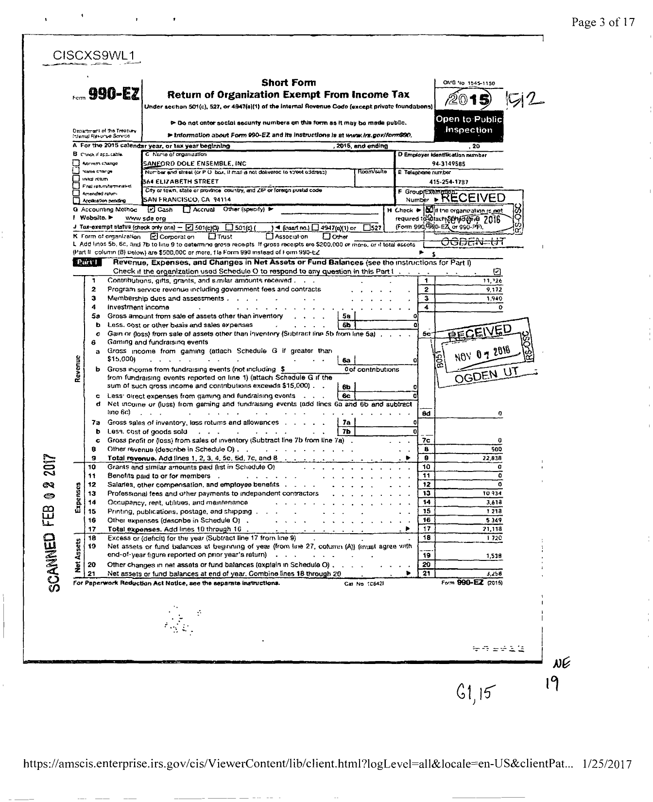 Image of first page of 2015 Form 990EZ for Sanford Dole Ensemble