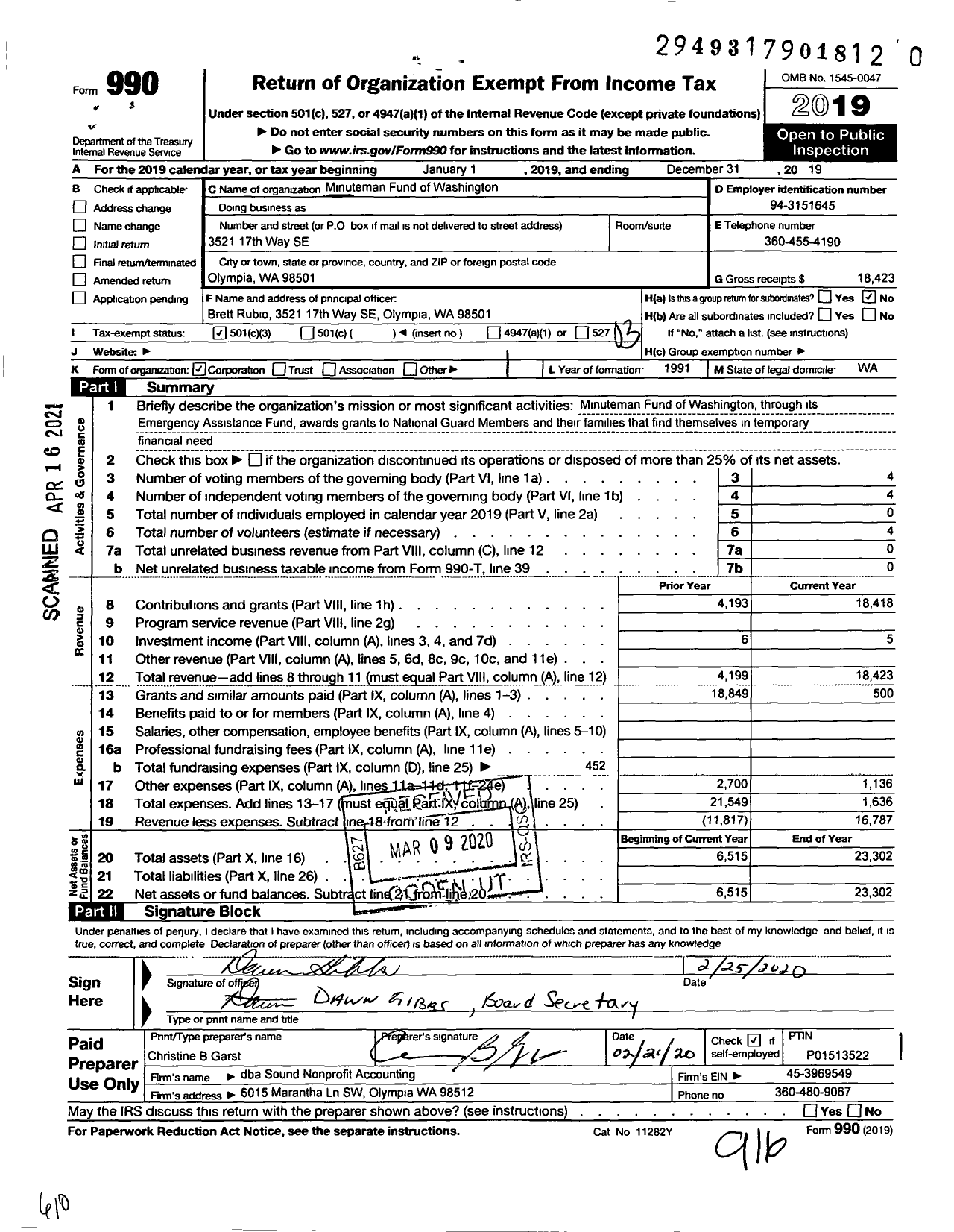 Image of first page of 2019 Form 990 for MINUTEMAN FunD OF WASHINGTON