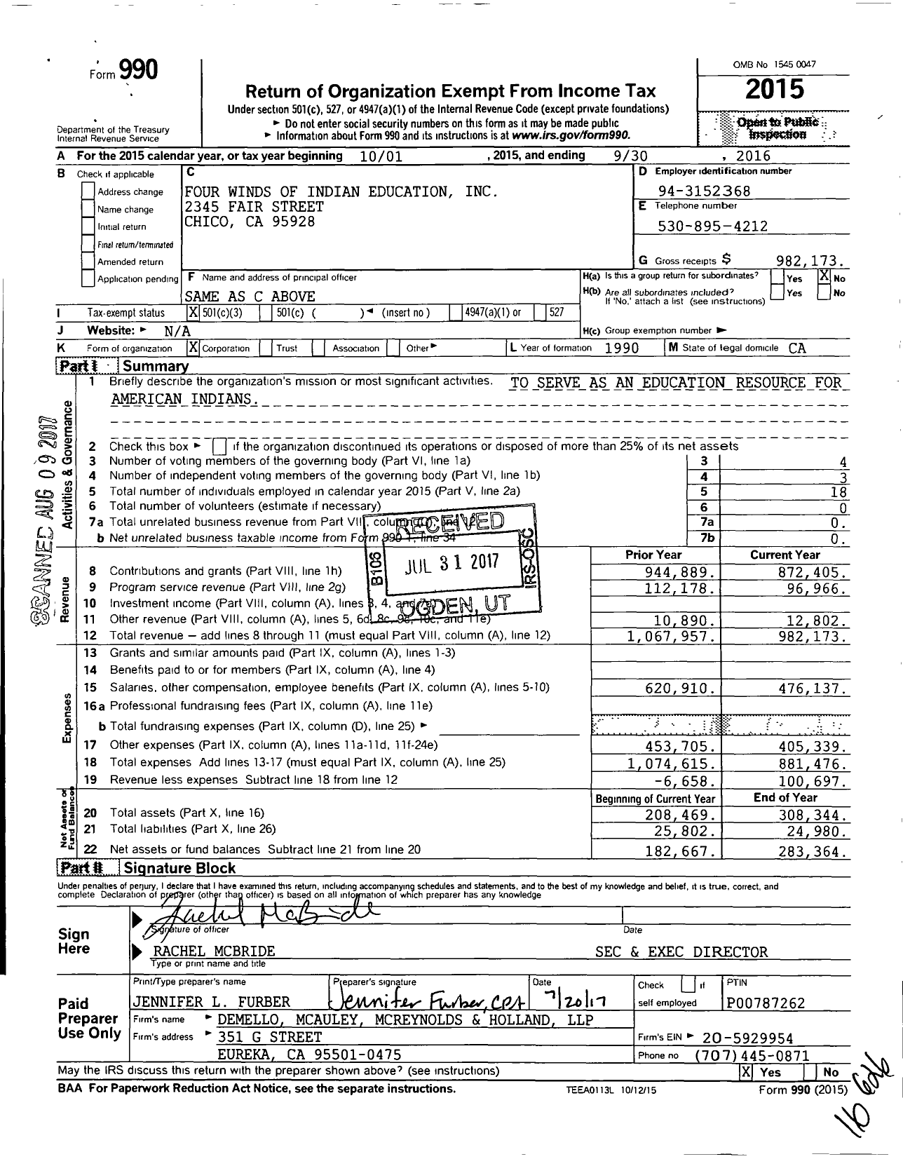 Image of first page of 2015 Form 990 for Four Winds of Indian Education