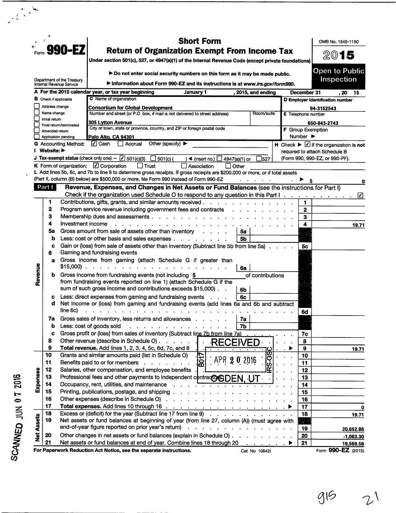 Image of first page of 2015 Form 990EZ for Consortium for Global Development