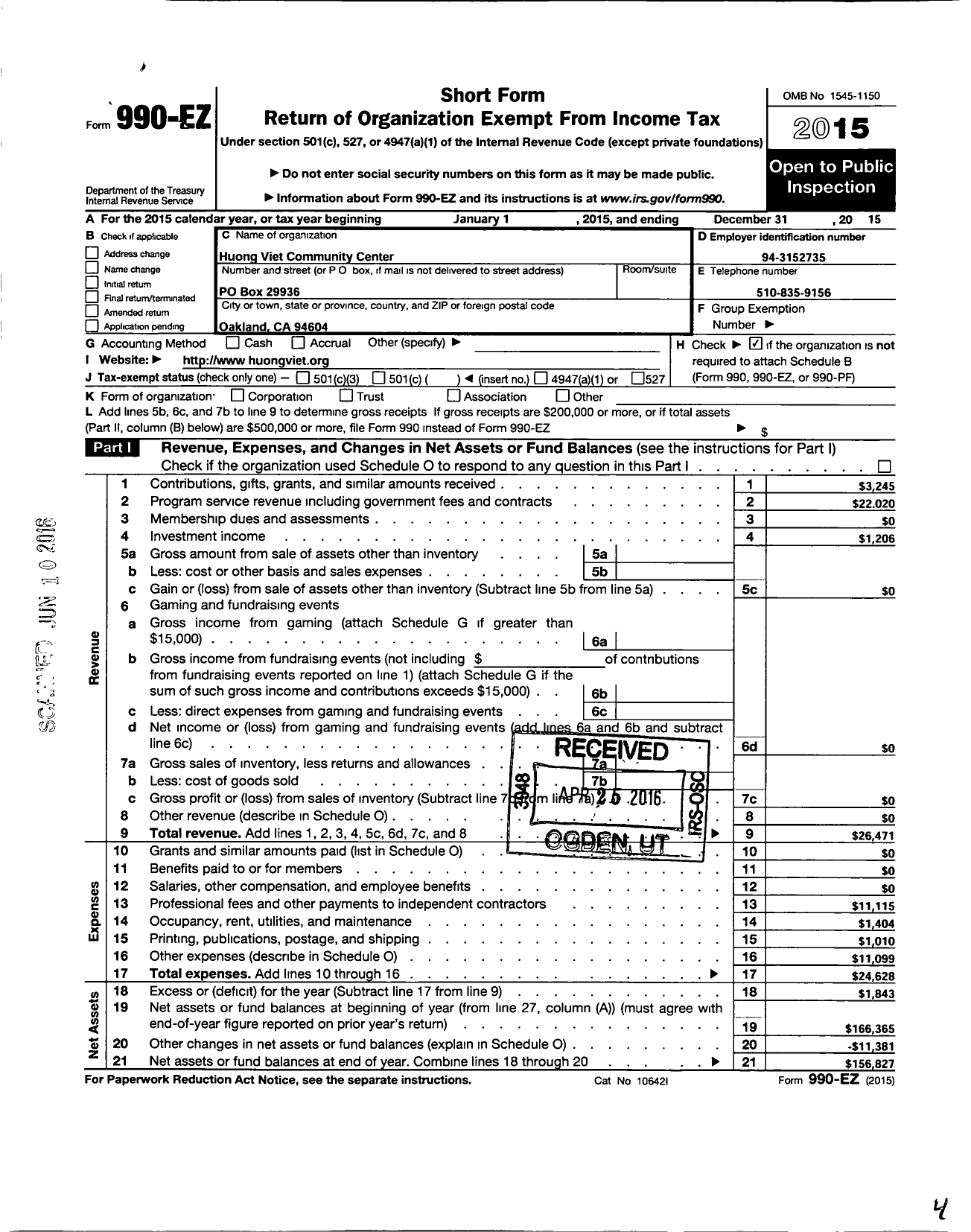 Image of first page of 2015 Form 990EO for Huong Viet Community Center