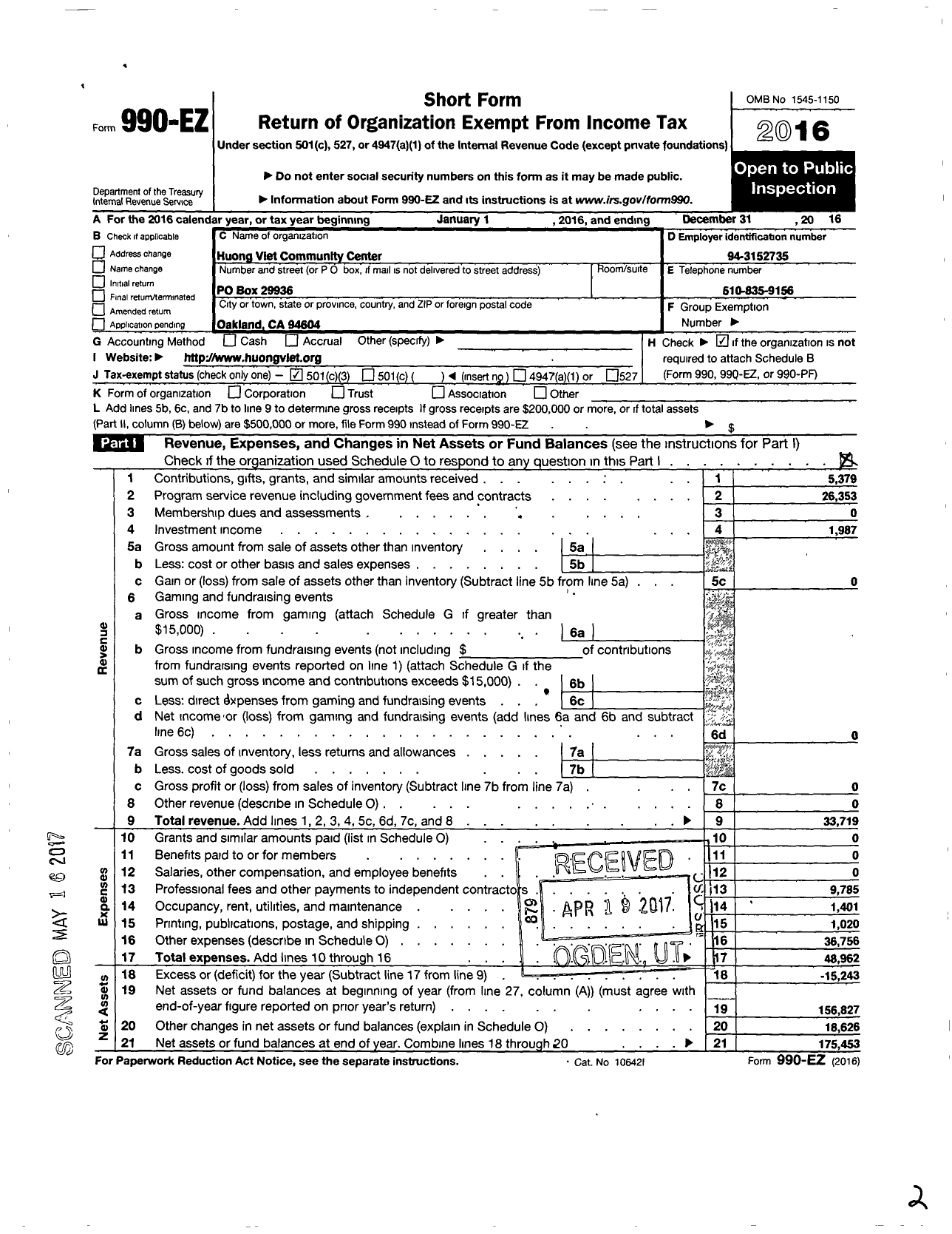 Image of first page of 2016 Form 990EZ for Huong Viet Community Center