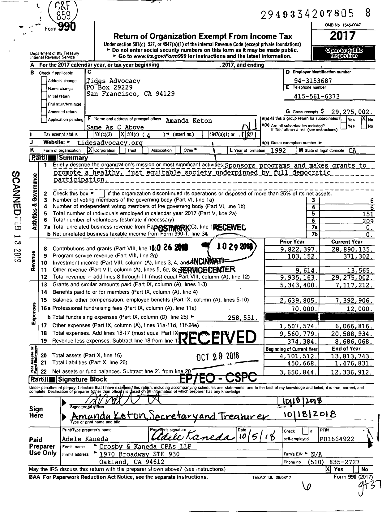 Image of first page of 2017 Form 990O for Tides Advocacy