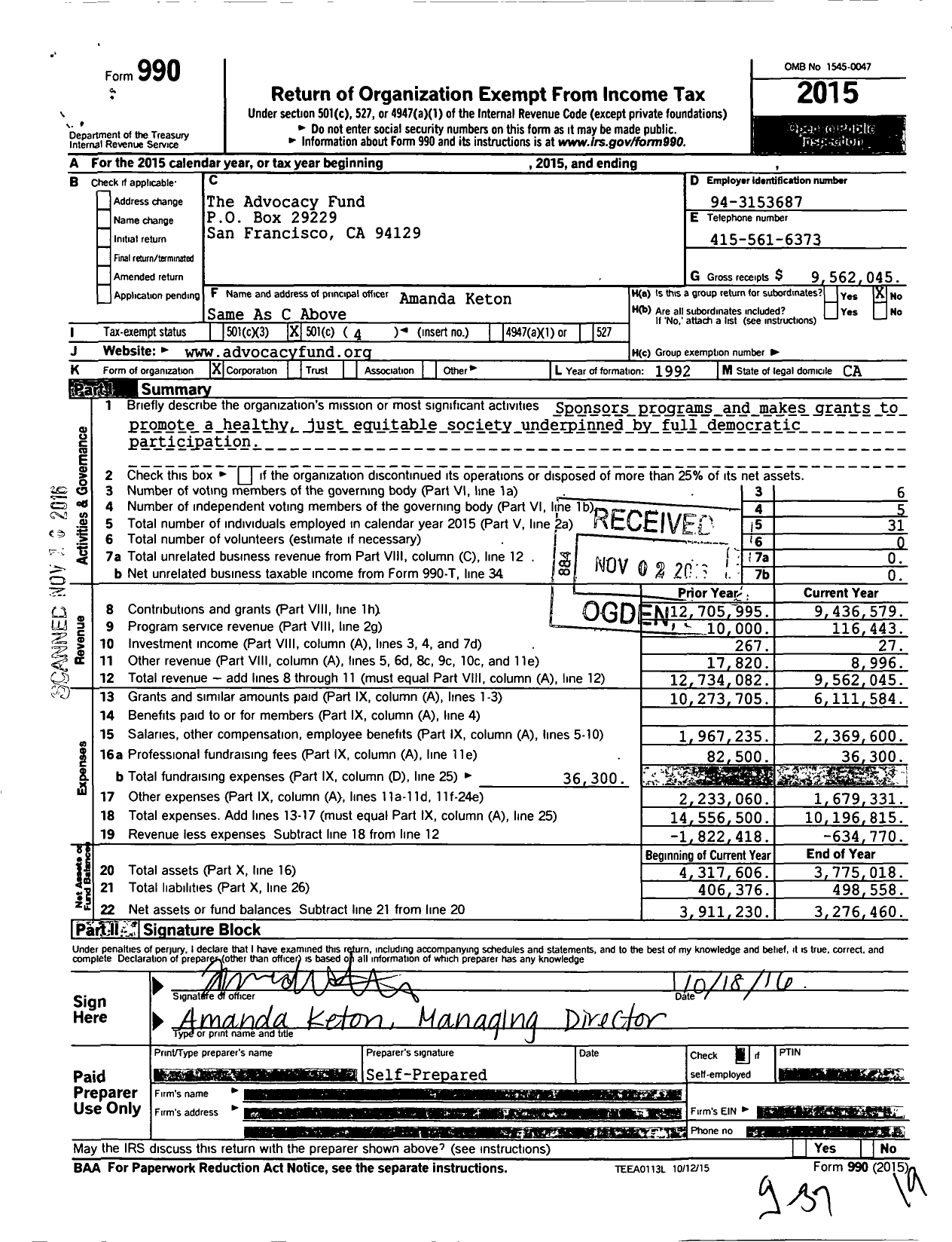 Image of first page of 2015 Form 990O for Tides Advocacy