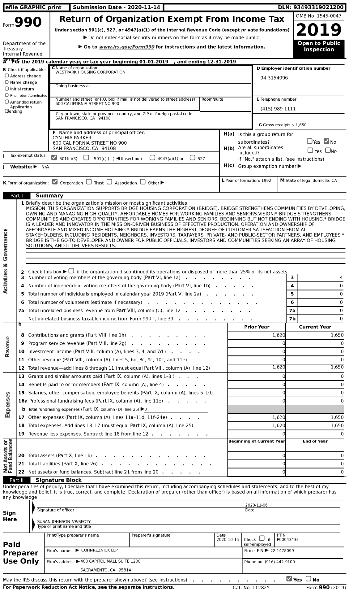 Image of first page of 2019 Form 990 for Westpark Housing Corporation