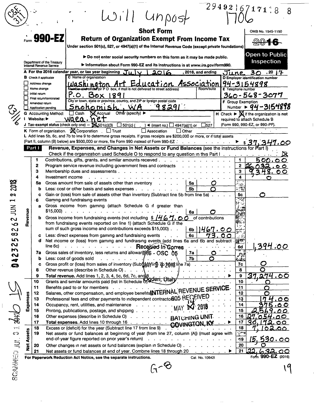 Image of first page of 2016 Form 990EZ for Washington Art Education Association