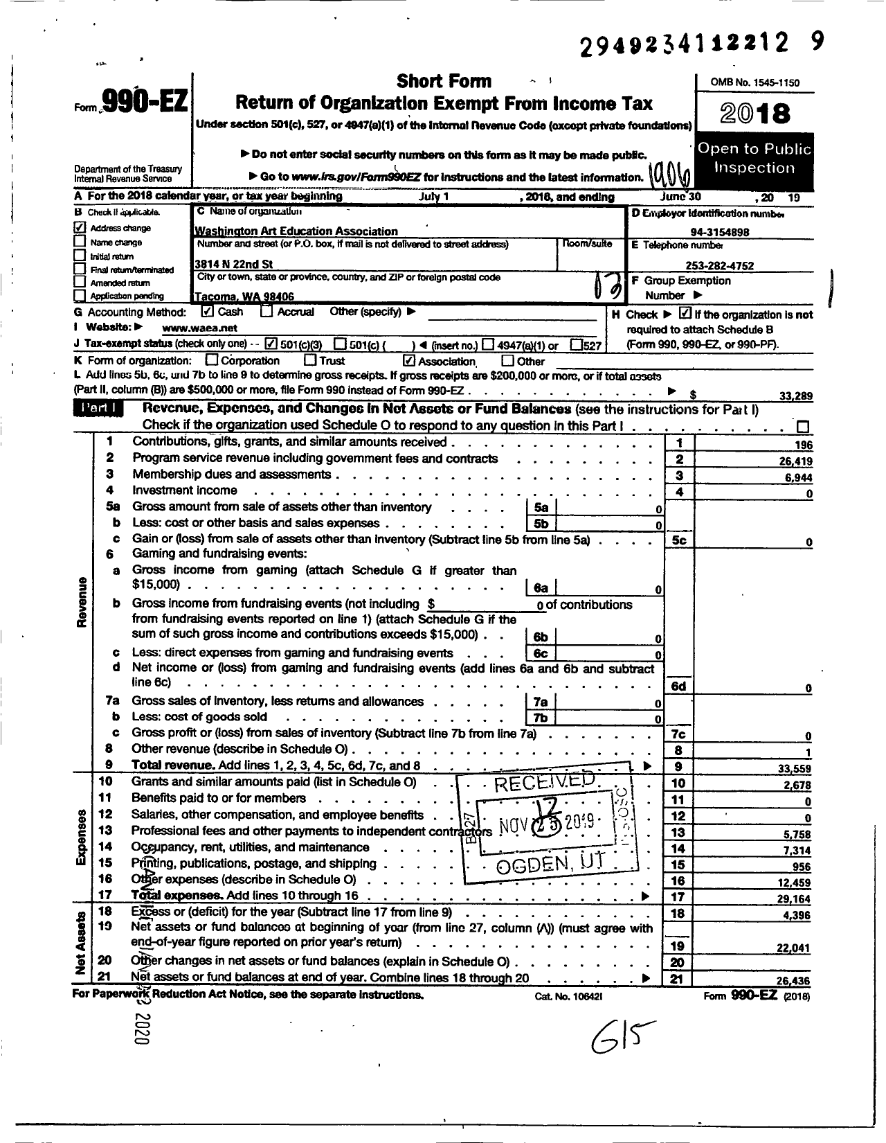 Image of first page of 2018 Form 990EZ for Washington Art Education Association