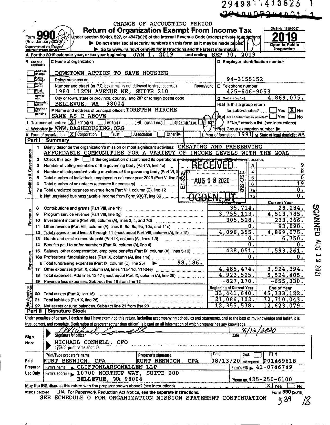 Image of first page of 2018 Form 990 for Downtown Action To Save Housing (DASH)