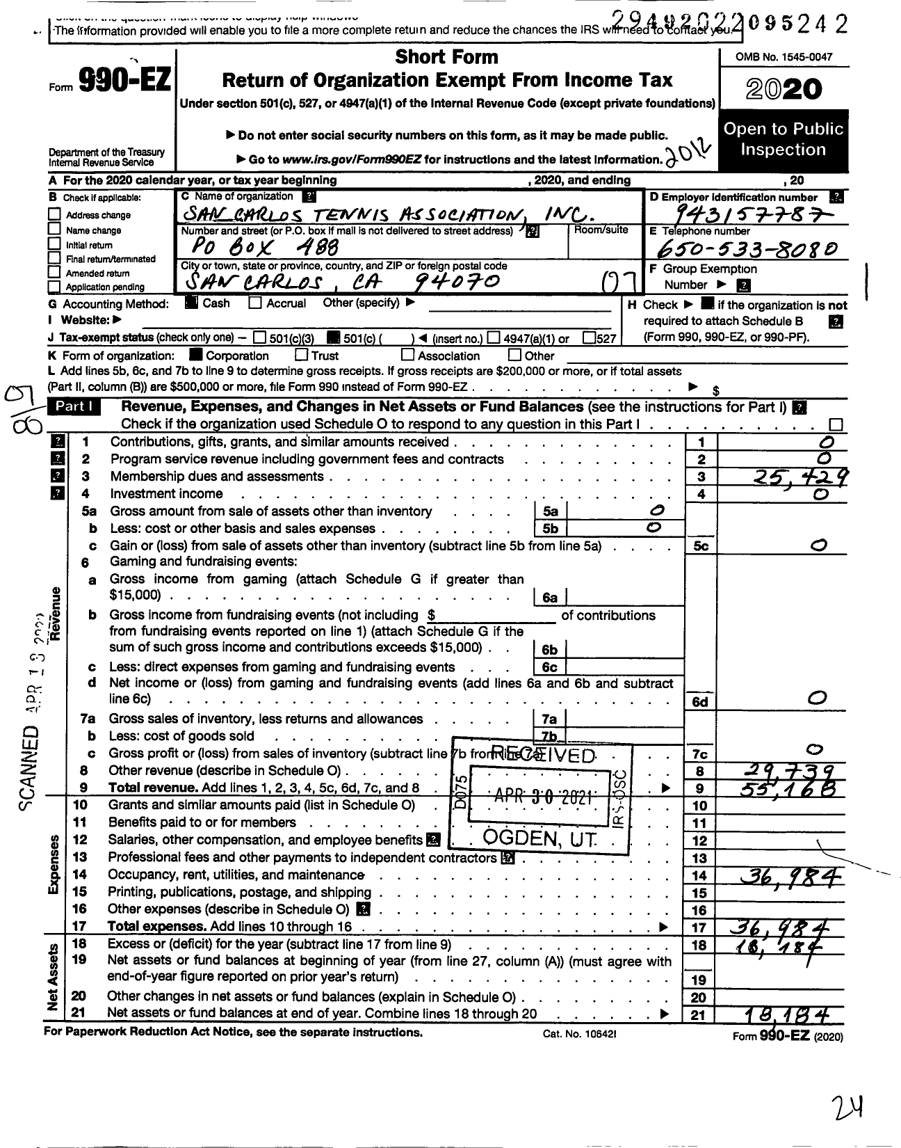 Image of first page of 2020 Form 990EO for San Carlos Tennis Association