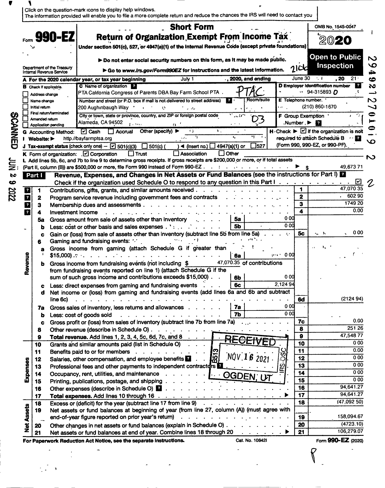 Image of first page of 2020 Form 990EZ for California State PTA - Bay Farm School PTA