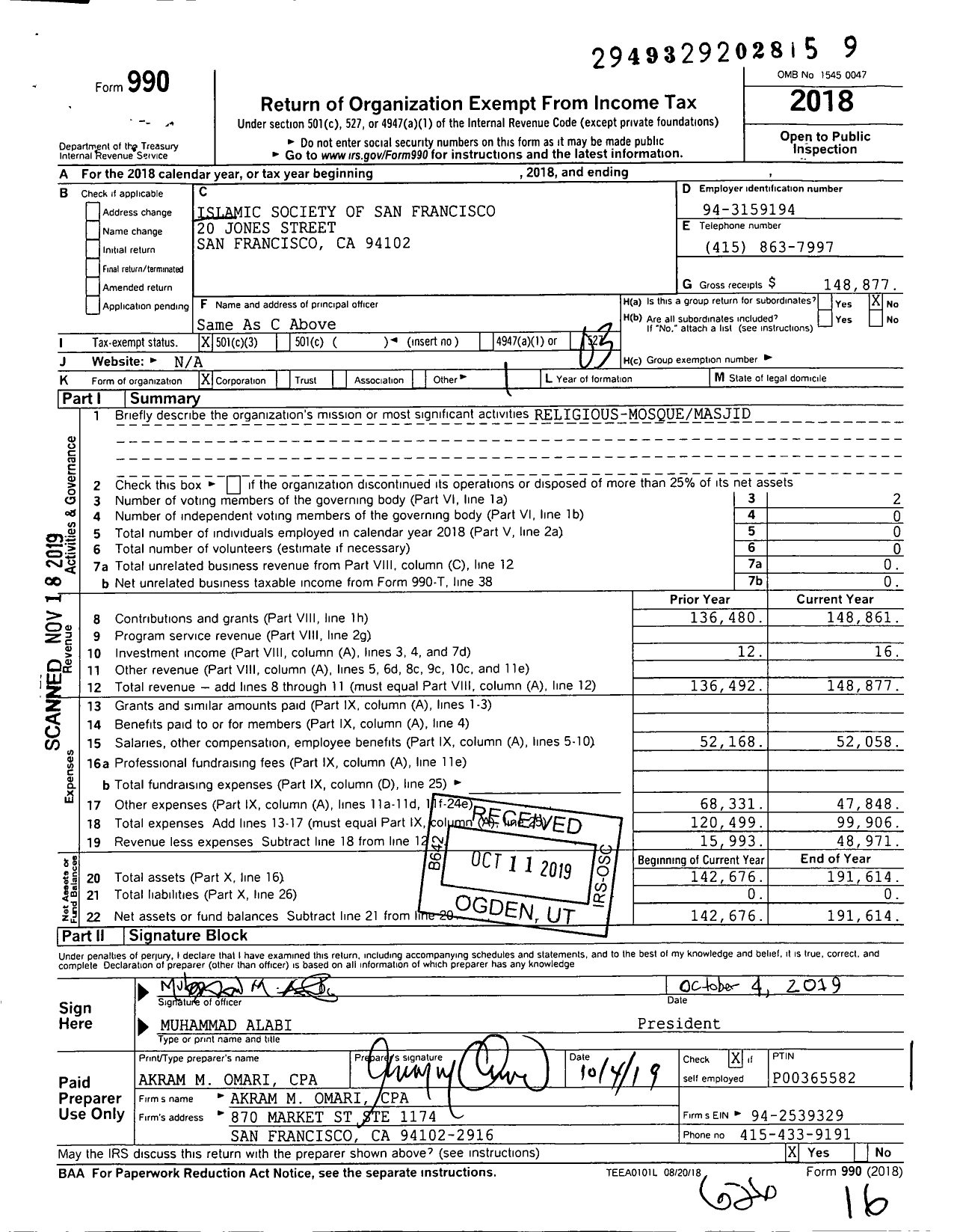 Image of first page of 2018 Form 990 for Islamic Society of San Francisco