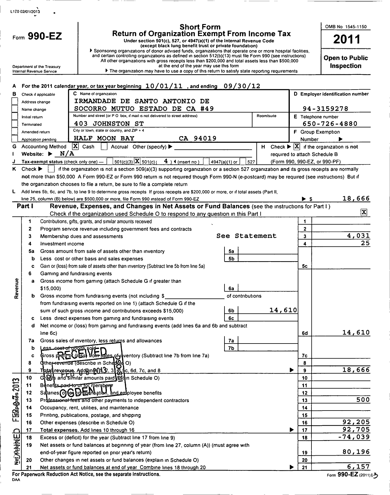 Image of first page of 2011 Form 990EO for Irmandade de Santo Antonio de Socorro Mutuo Estado de California - Council 49