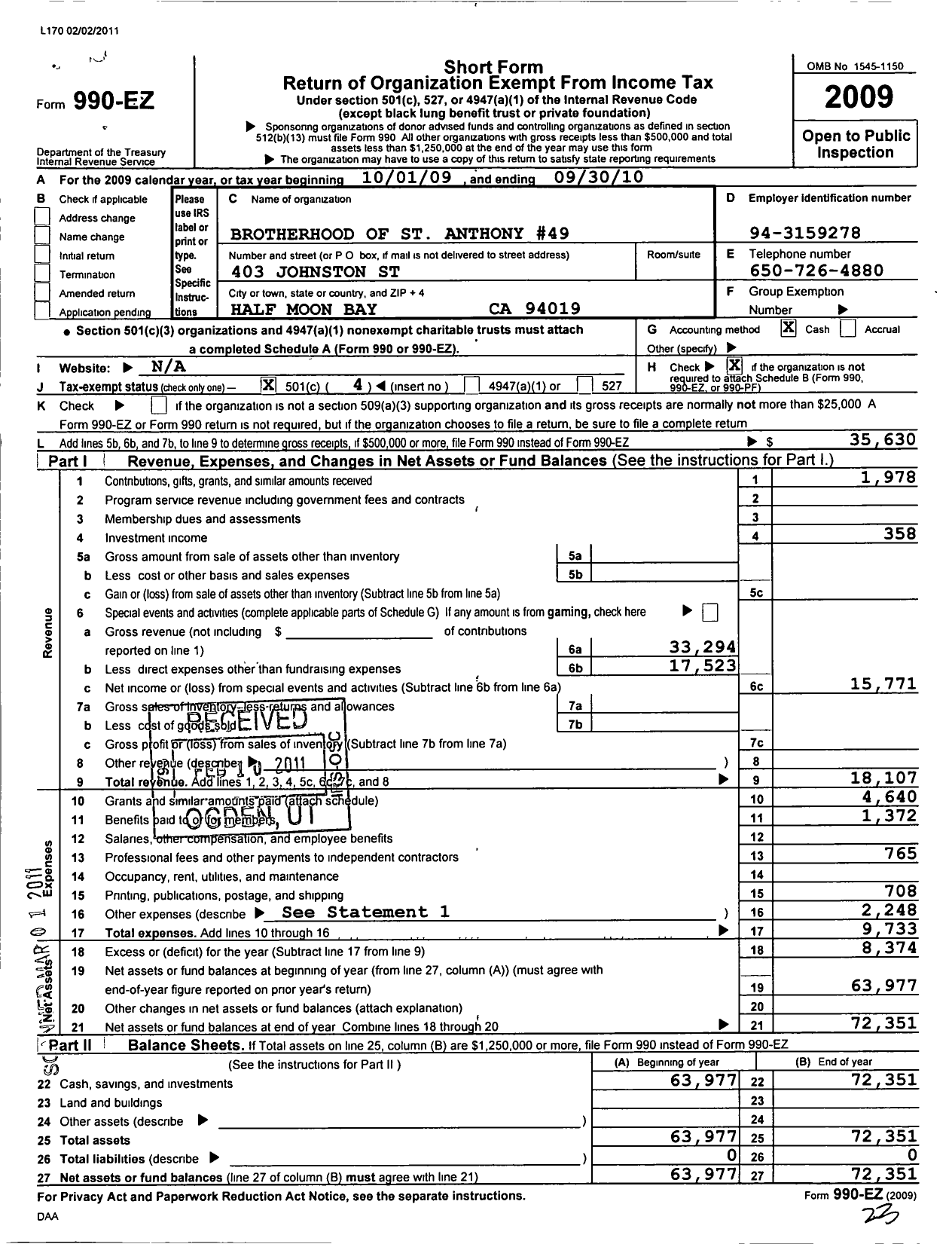 Image of first page of 2009 Form 990EO for Irmandade de Santo Antonio de Socorro Mutuo Estado de California - Council 49