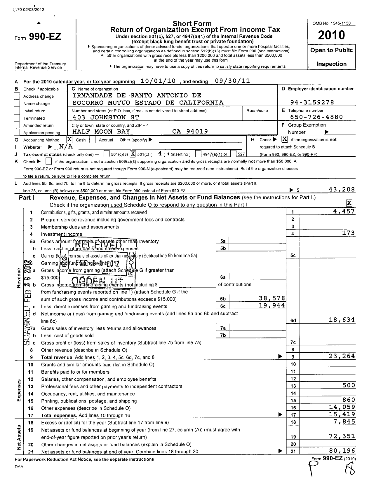 Image of first page of 2010 Form 990EO for Irmandade de Santo Antonio de Socorro Mutuo Estado de California - Council 49