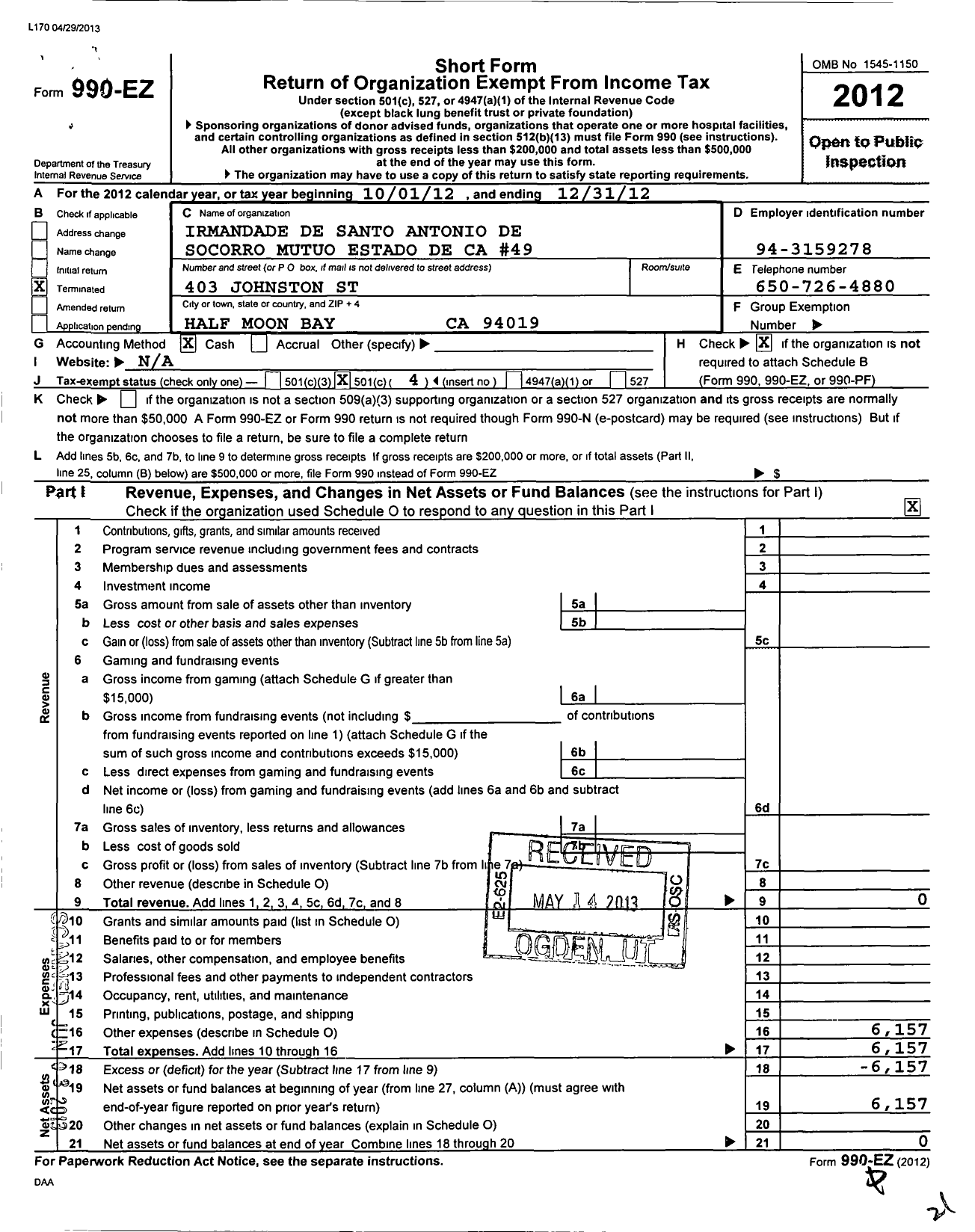 Image of first page of 2012 Form 990EO for Irmandade de Santo Antonio de Socorro Mutuo Estado de California - Council 49