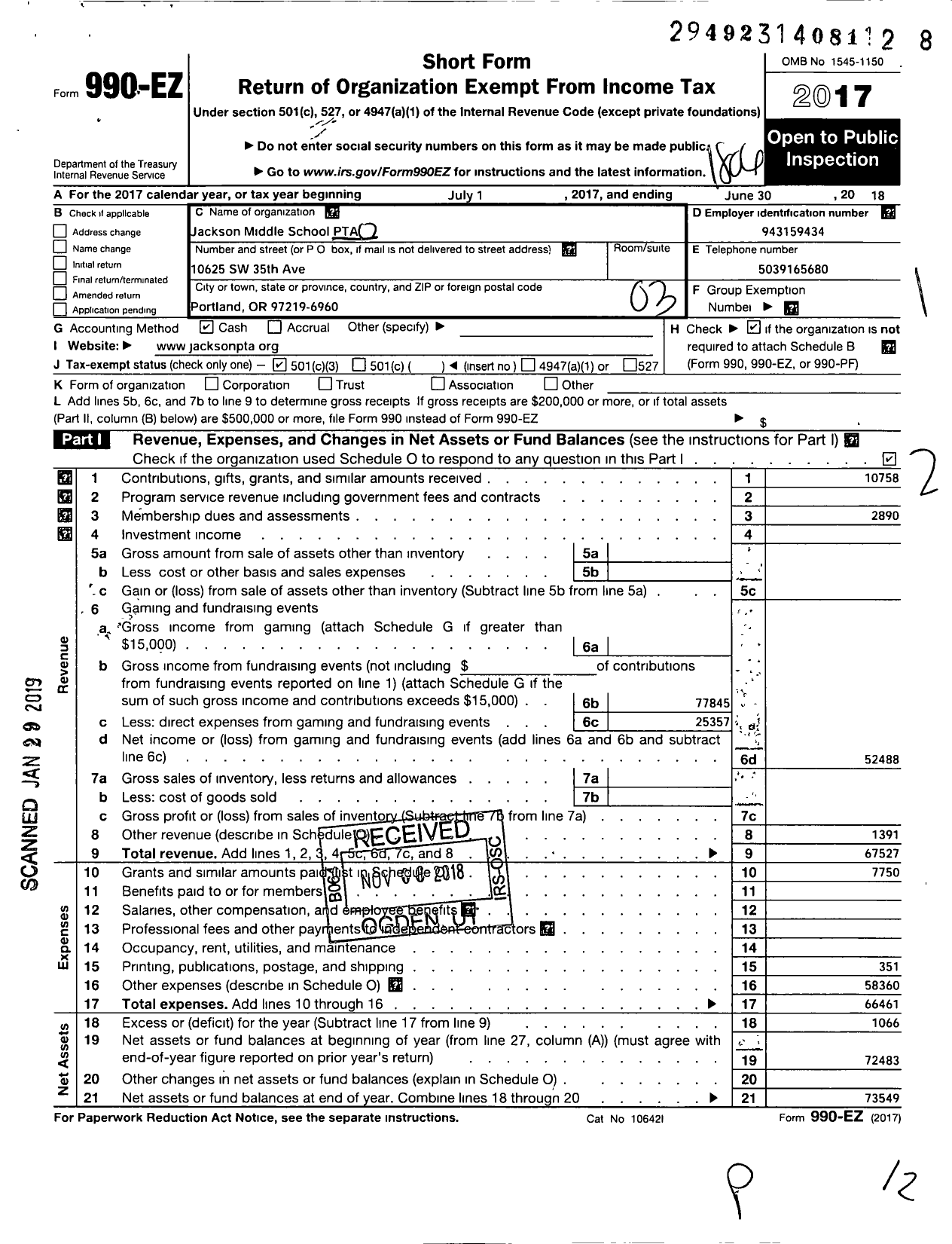 Image of first page of 2017 Form 990EZ for PTA Oregon Congress Jackson Middle School PTA