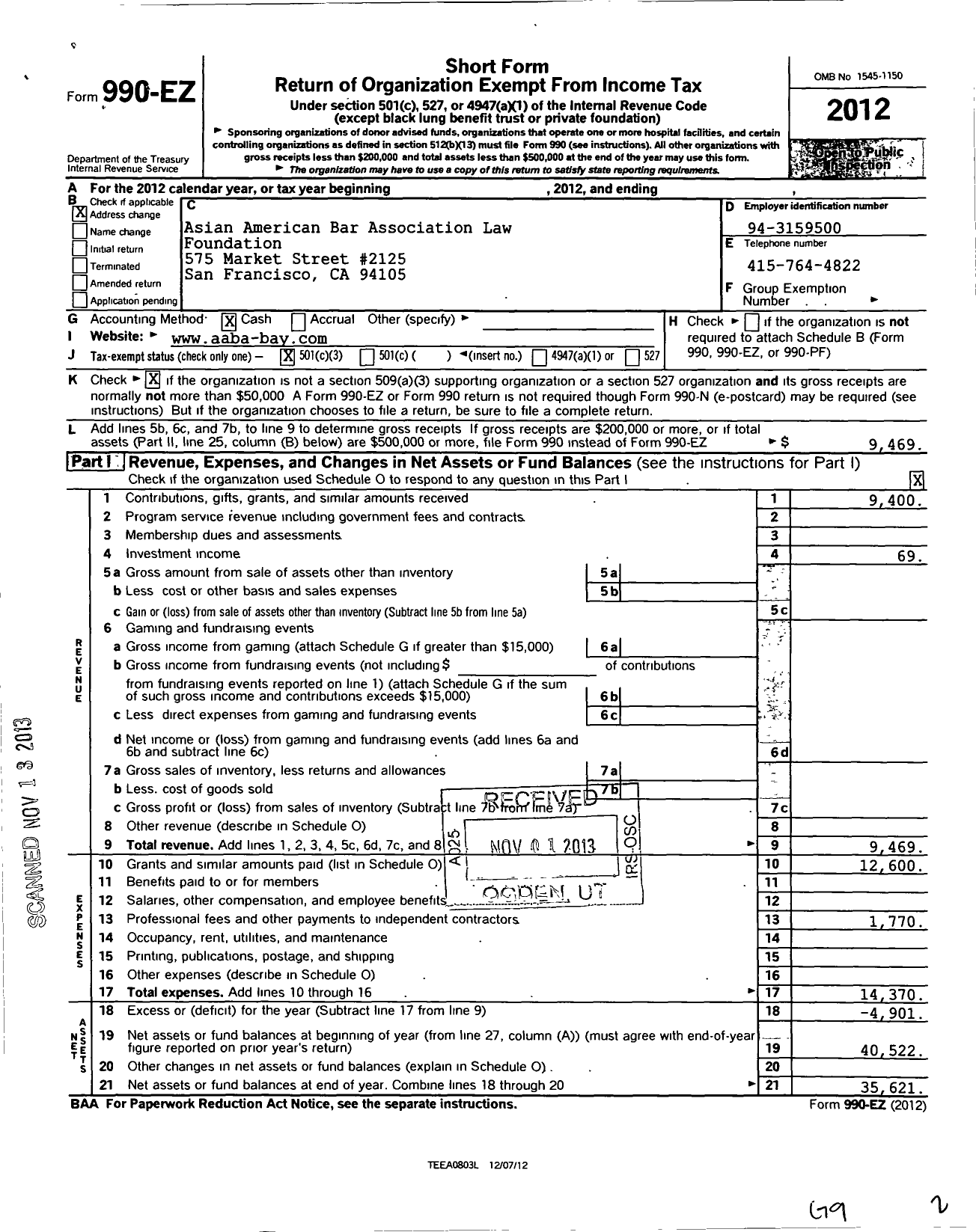 Image of first page of 2012 Form 990EZ for AABA Law Foundation