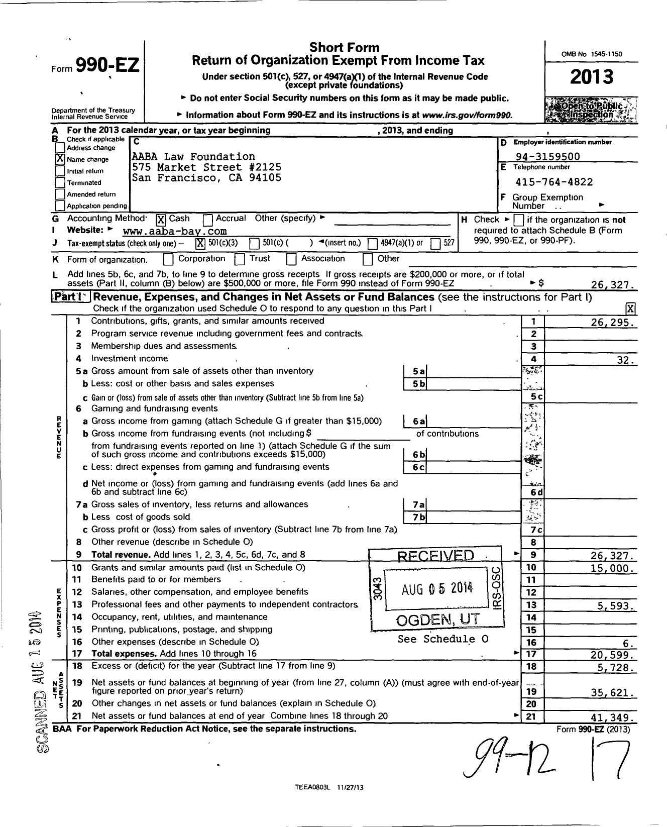 Image of first page of 2013 Form 990EZ for AABA Law Foundation