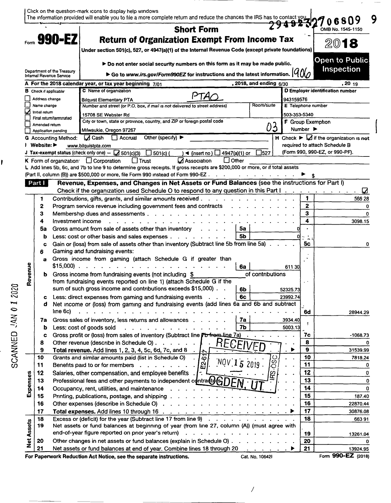 Image of first page of 2018 Form 990EZ for Bilquist Elementary PTA