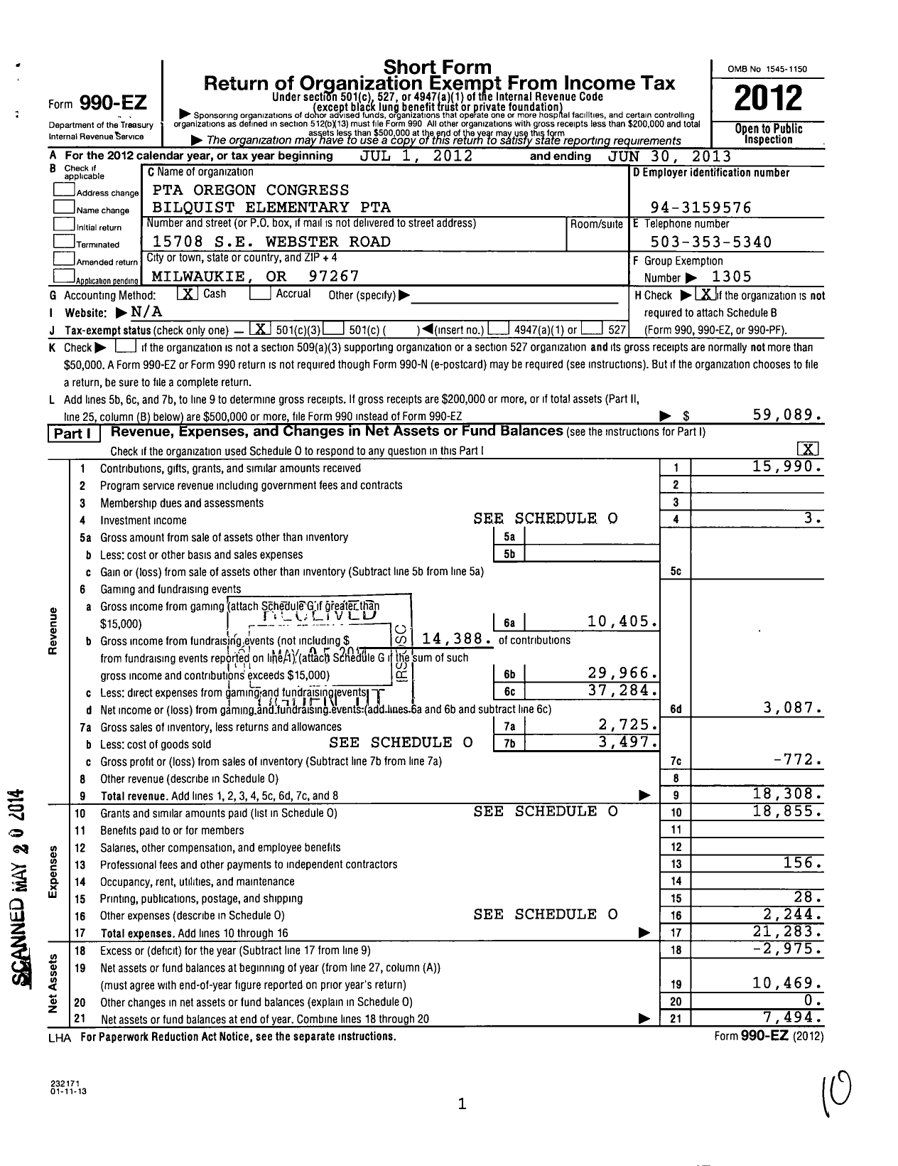 Image of first page of 2012 Form 990EZ for Bilquist Elementary PTA