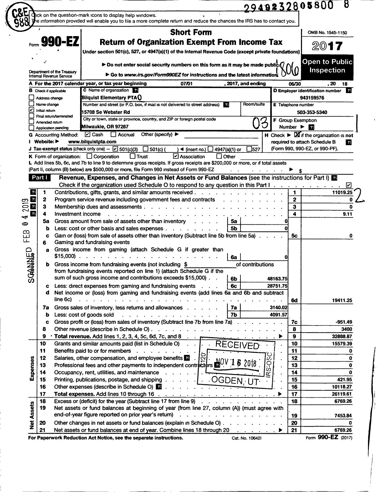 Image of first page of 2017 Form 990EZ for Bilquist Elementary PTA