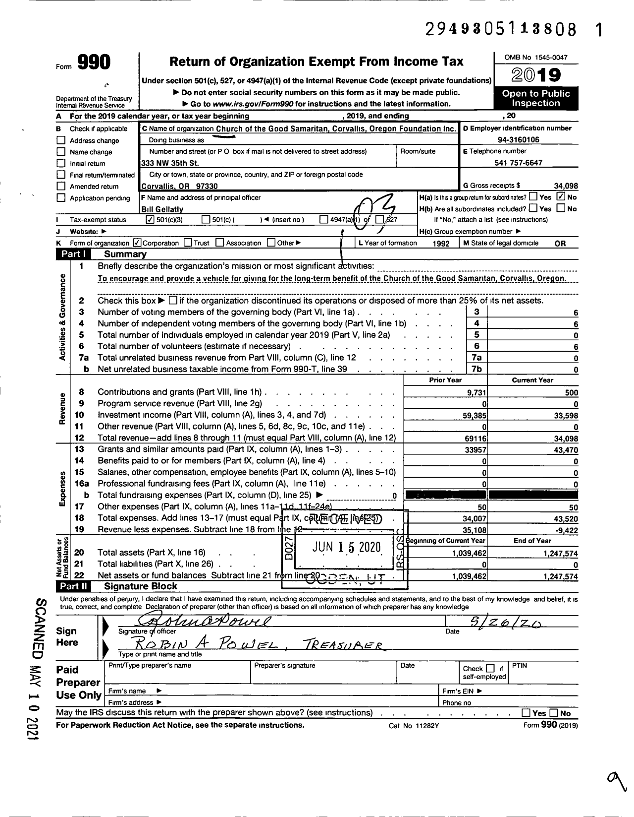 Image of first page of 2019 Form 990 for Church of the Good Samaritan Corvallis Oregon Foundation