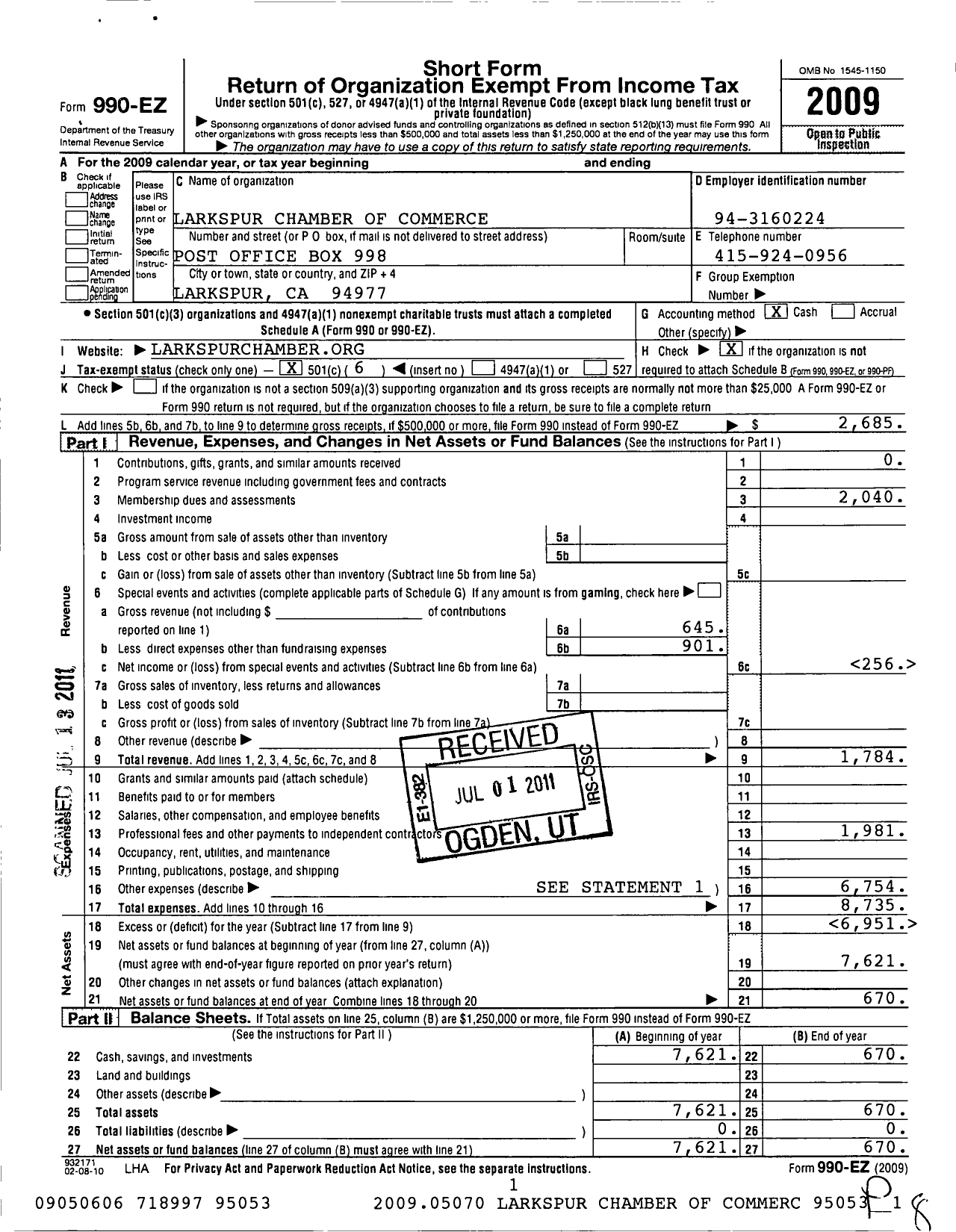 Image of first page of 2009 Form 990EO for Larkspur Chamber of Commerce