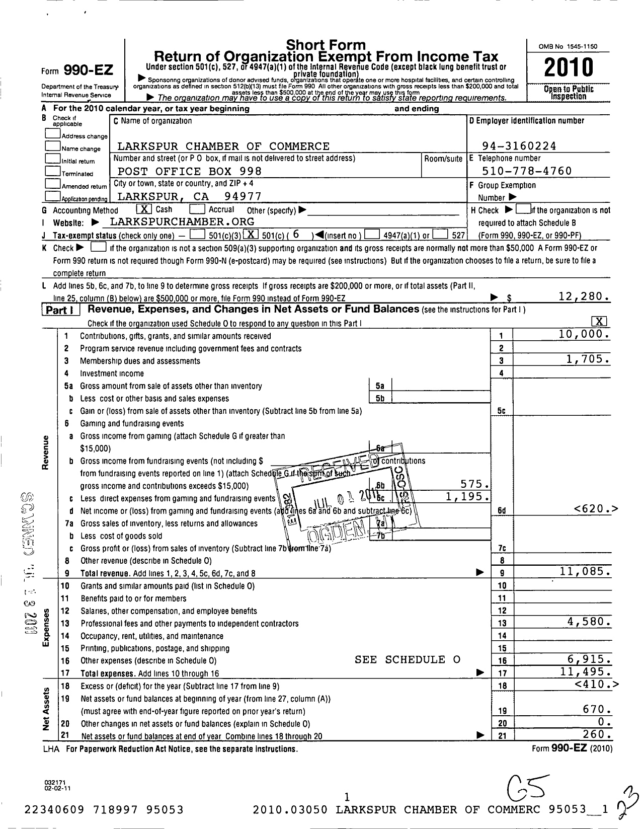 Image of first page of 2010 Form 990EO for Larkspur Chamber of Commerce