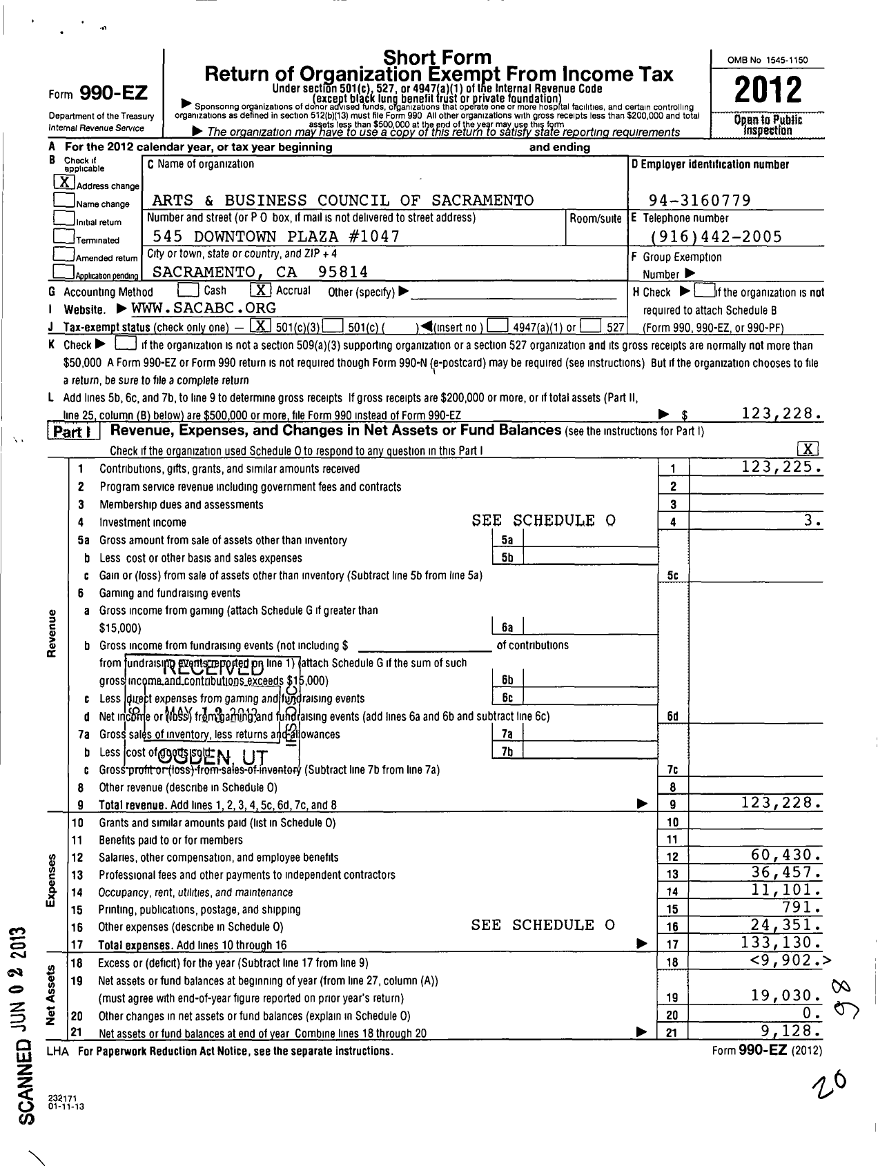 Image of first page of 2012 Form 990EZ for Arts and Business Council of Sacramento