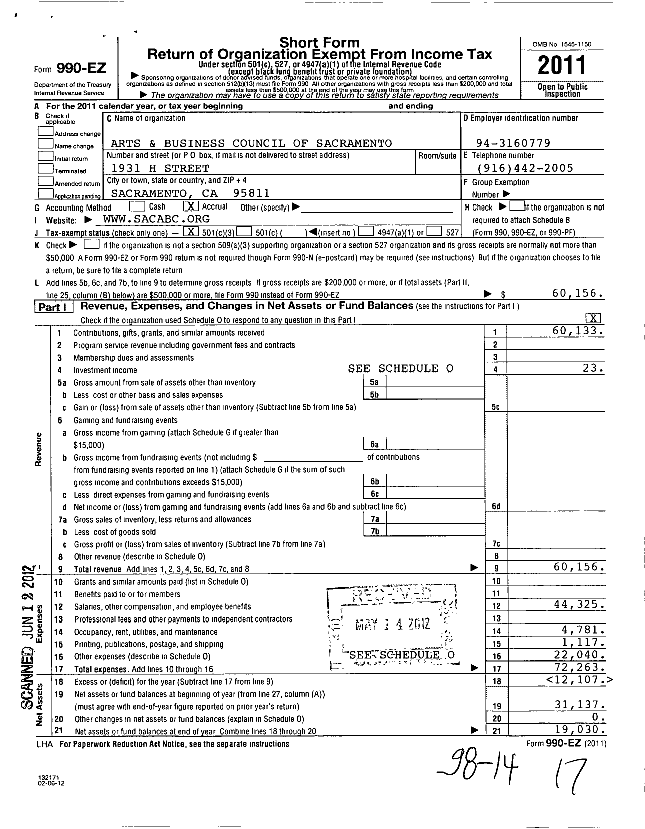 Image of first page of 2011 Form 990EZ for Arts and Business Council of Sacramento