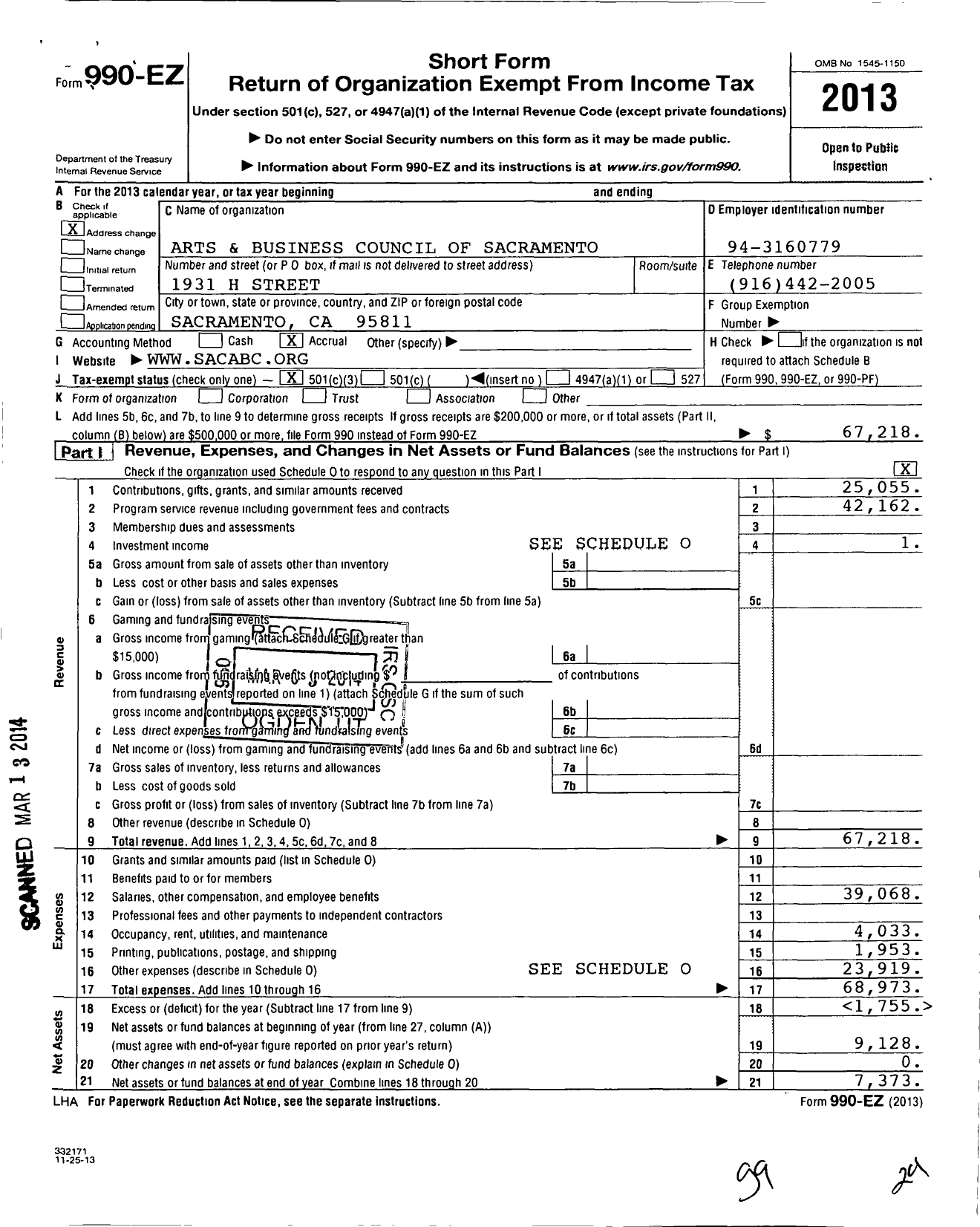 Image of first page of 2013 Form 990EZ for Arts and Business Council of Sacramento