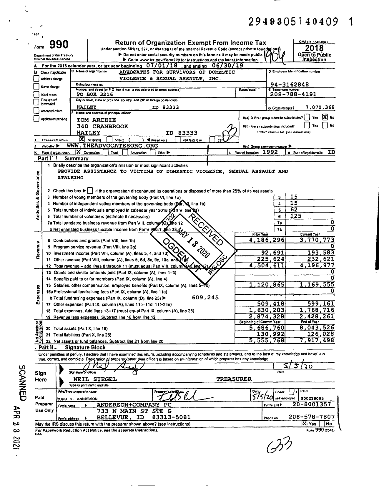 Image of first page of 2018 Form 990 for Advocates for Survivors of Domestic Violence and Sexual Assault