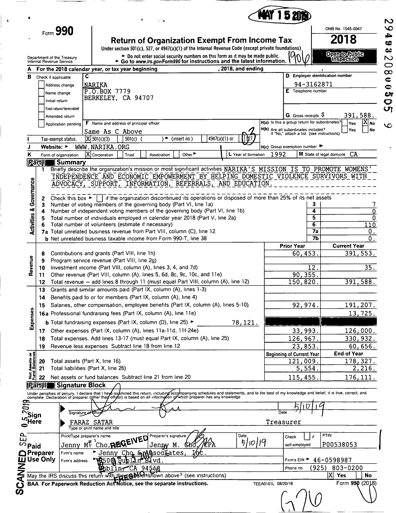 Image of first page of 2018 Form 990 for Narika