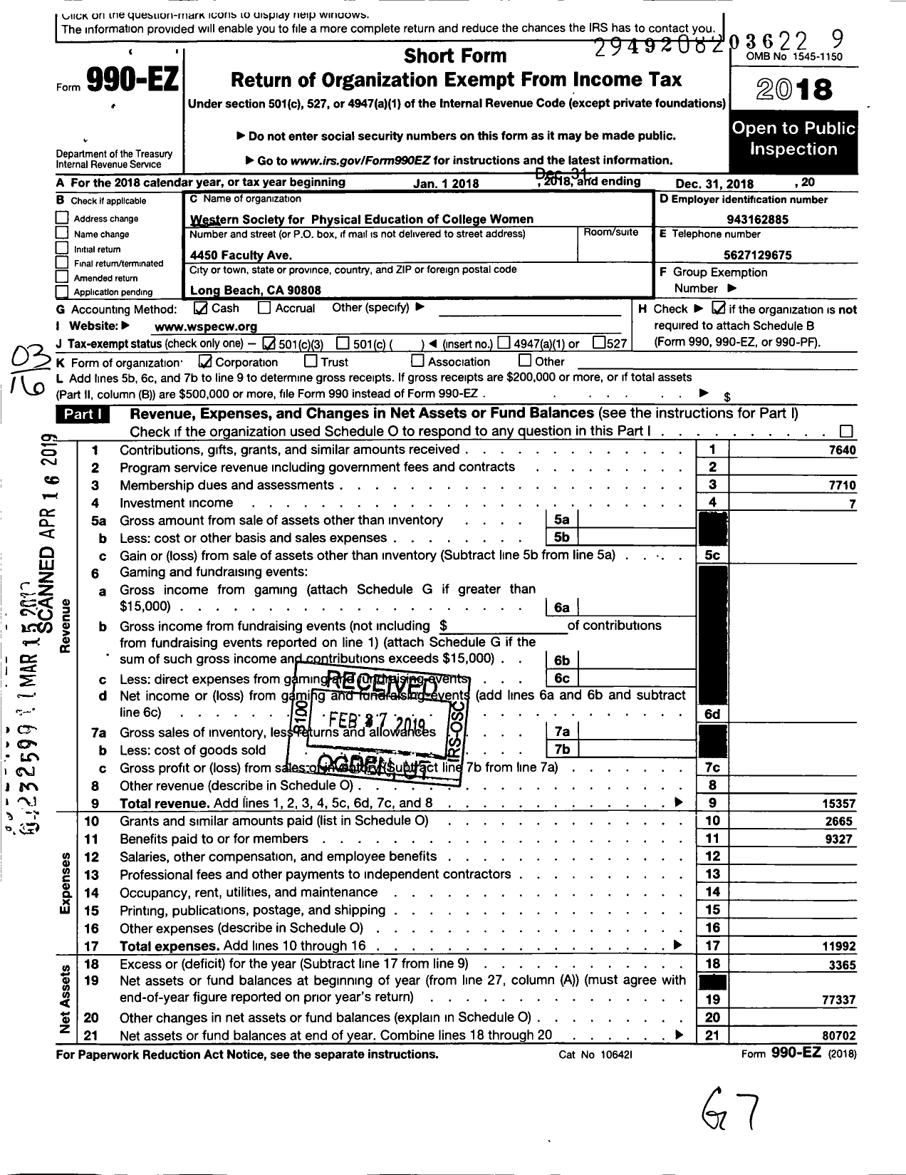 Image of first page of 2018 Form 990EZ for Western Society for Physical Education of College Women