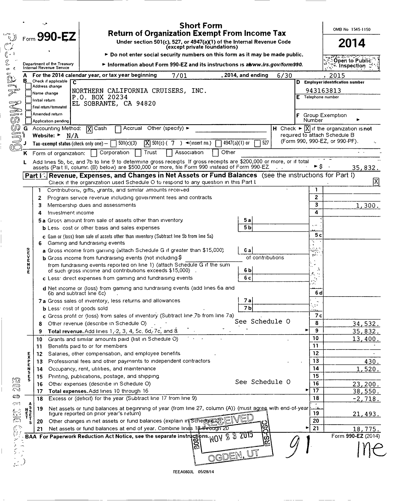 Image of first page of 2014 Form 990EO for Northern California Cruisers