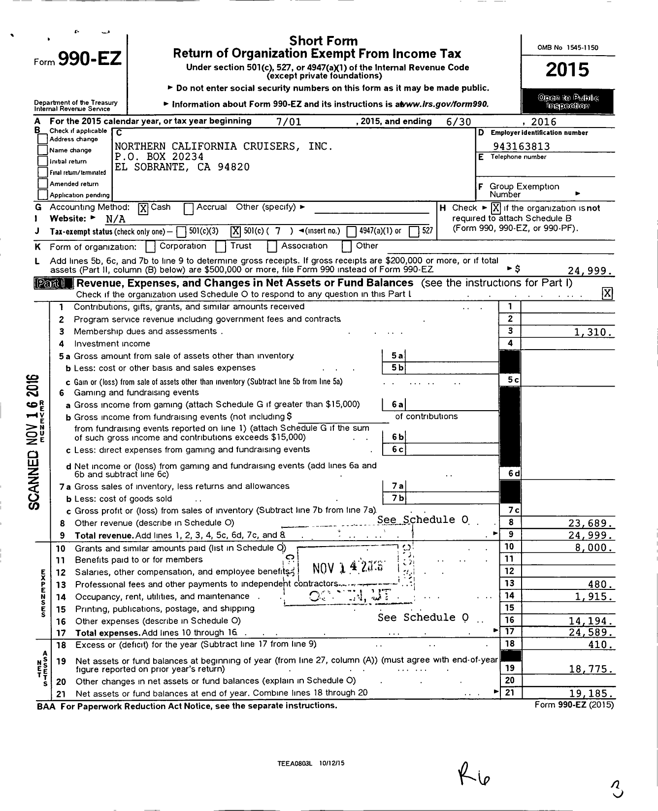 Image of first page of 2015 Form 990EO for Northern California Cruisers