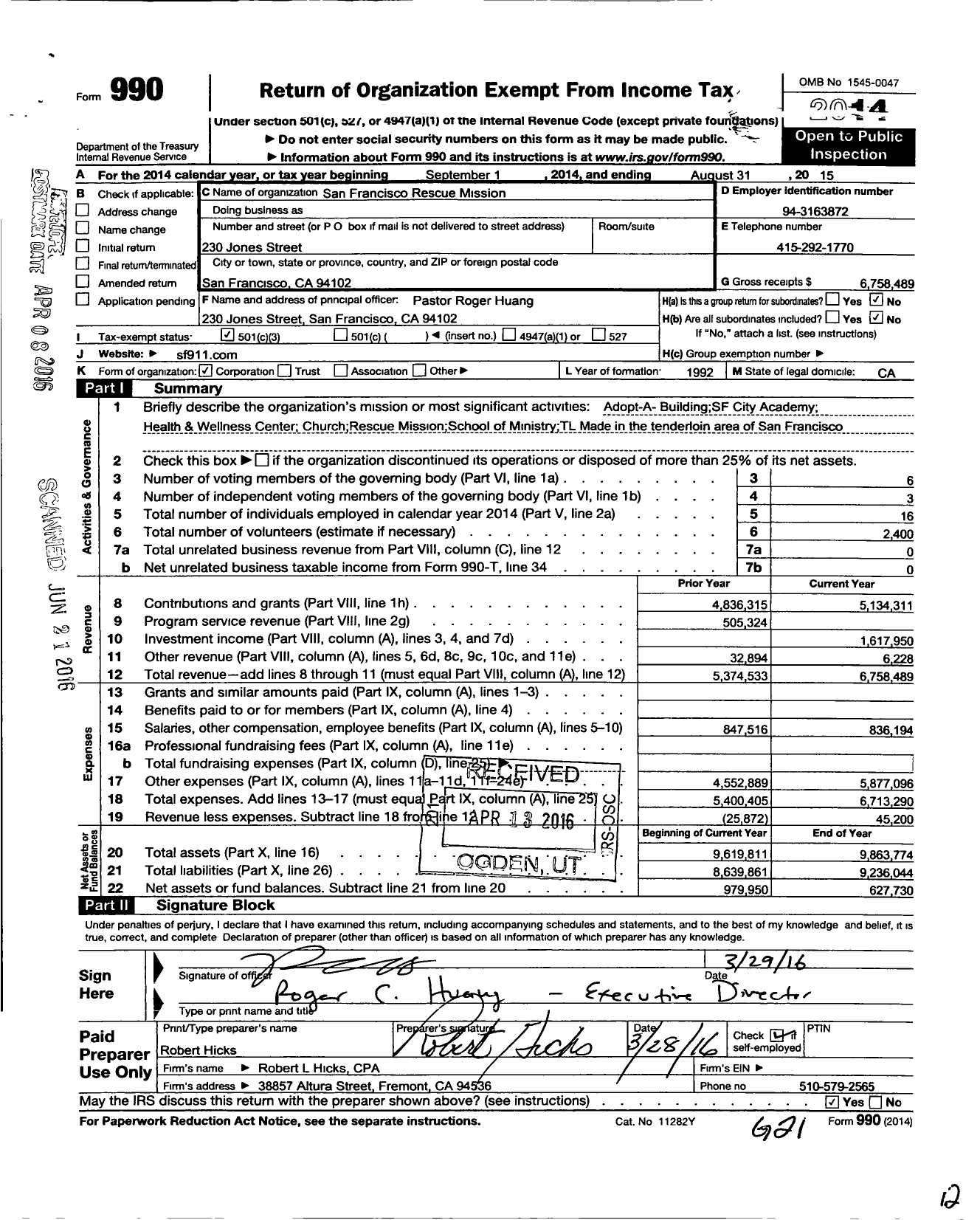 Image of first page of 2014 Form 990 for San Francisco Rescue Mission