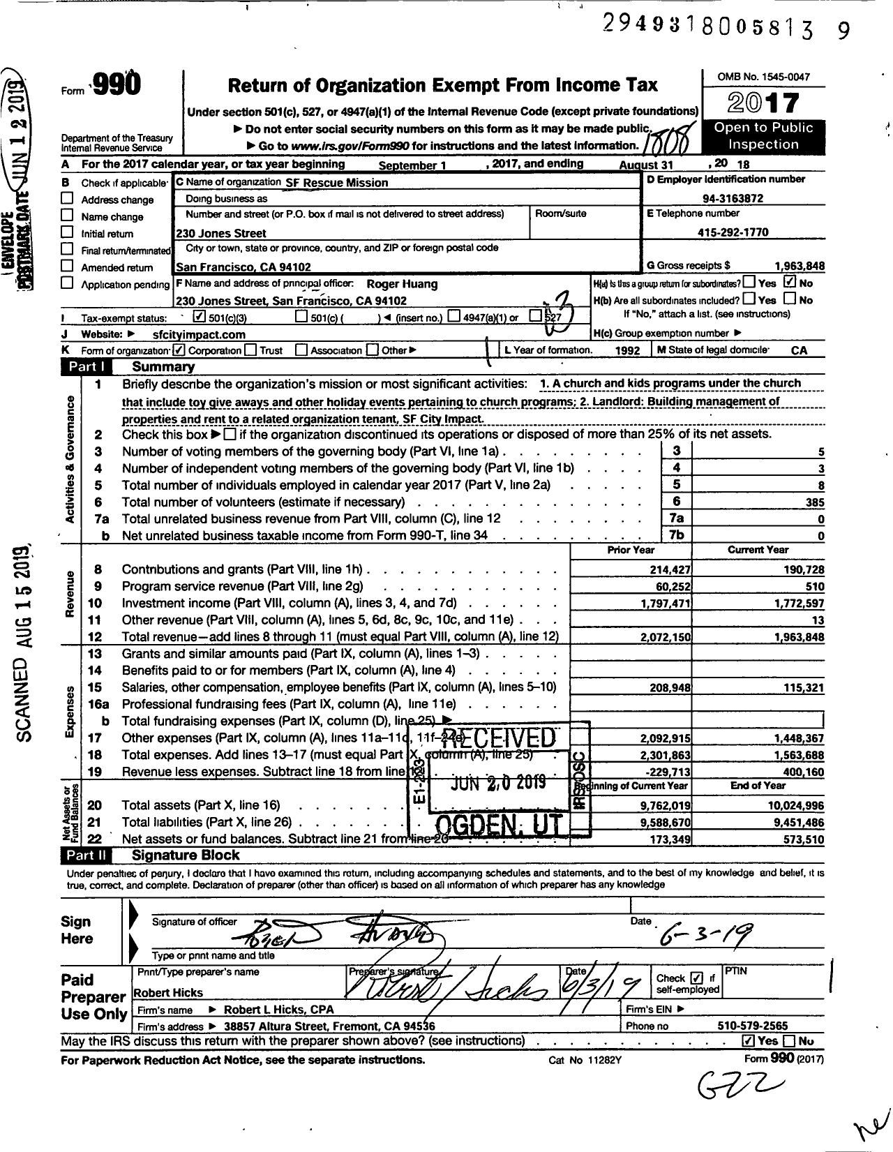 Image of first page of 2017 Form 990 for San Francisco Rescue Mission