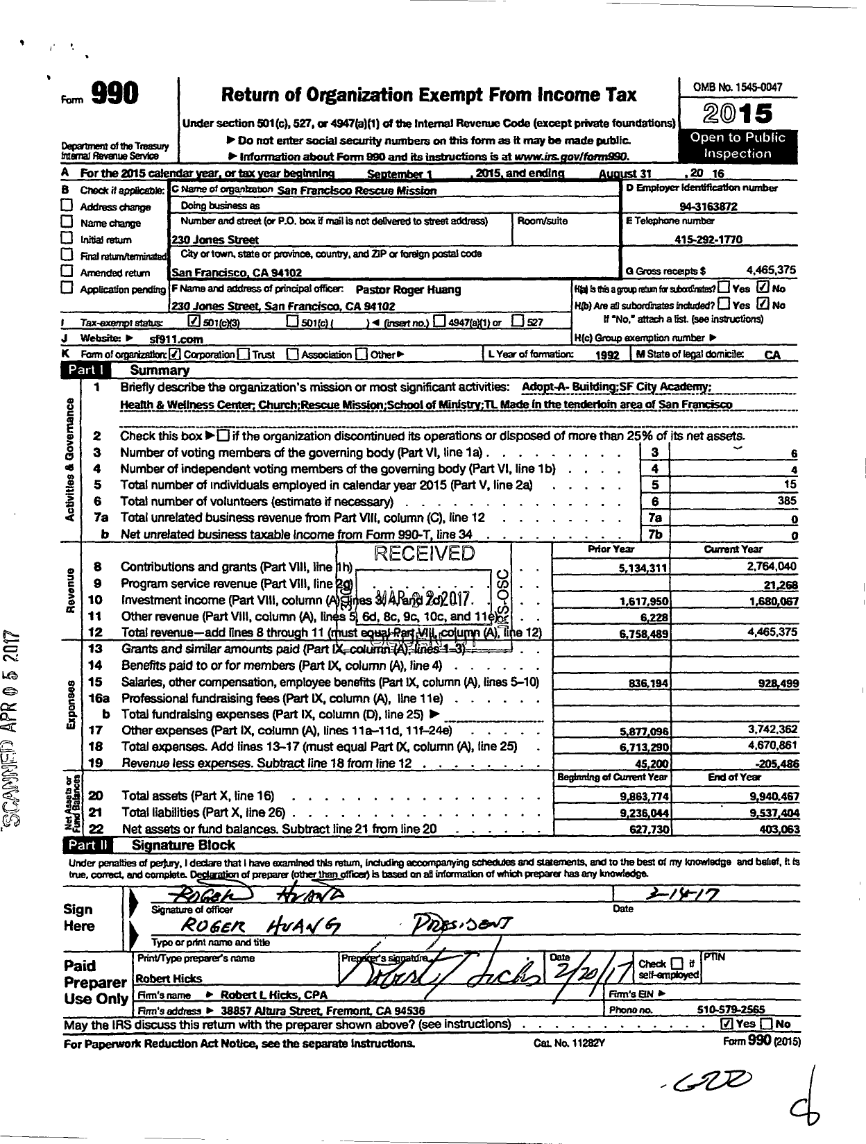 Image of first page of 2015 Form 990 for San Francisco Rescue Mission