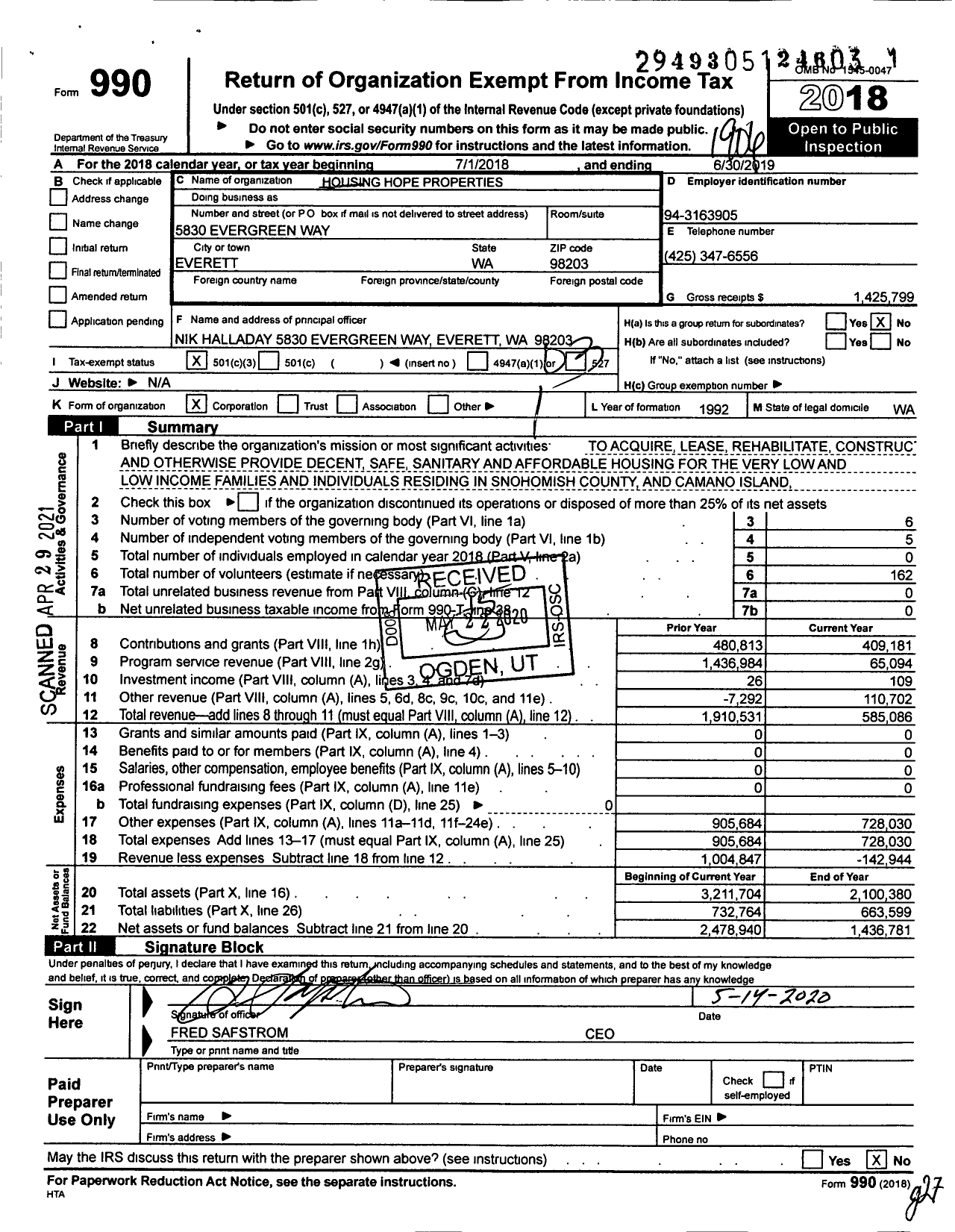 Image of first page of 2018 Form 990 for Housing Hope Properties