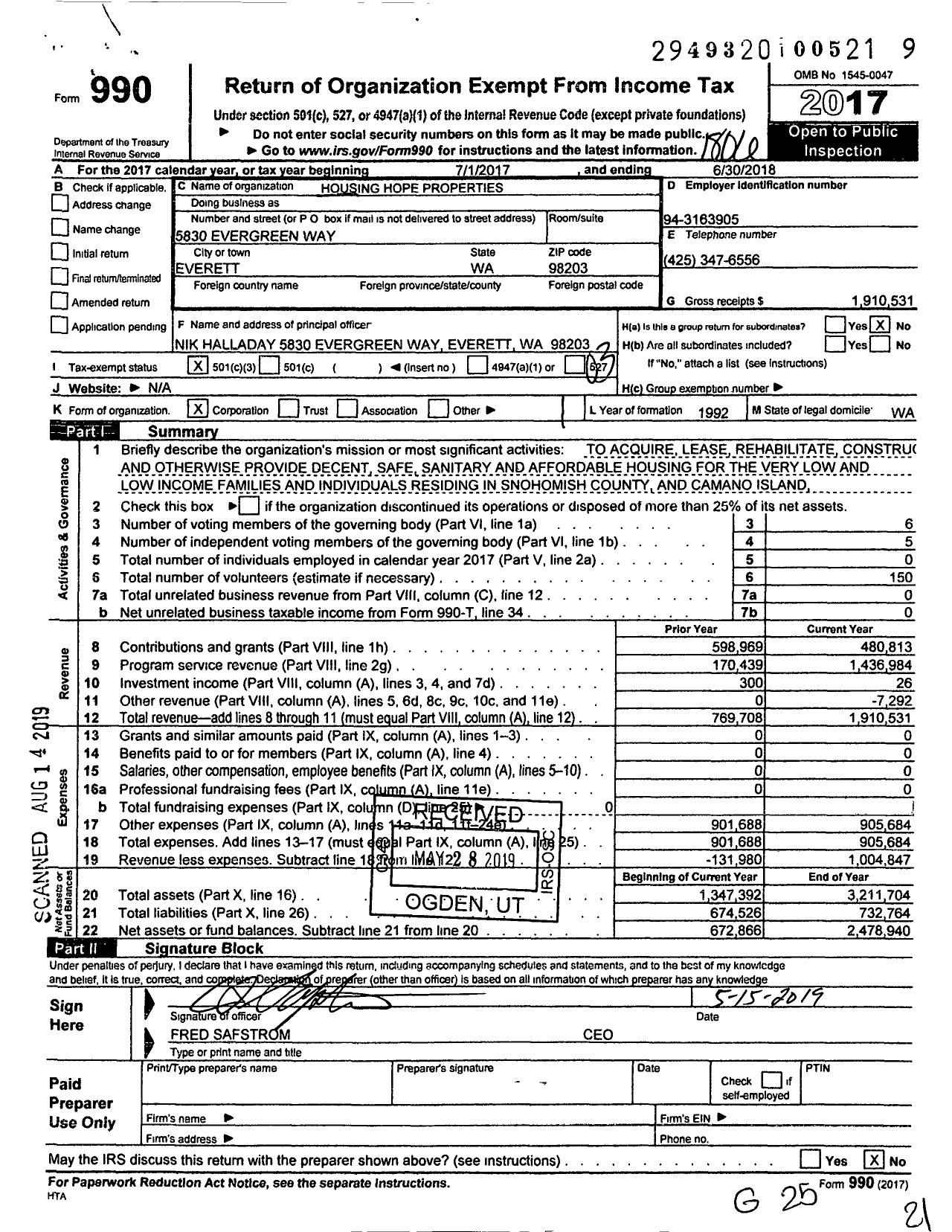 Image of first page of 2017 Form 990 for Housing Hope Properties