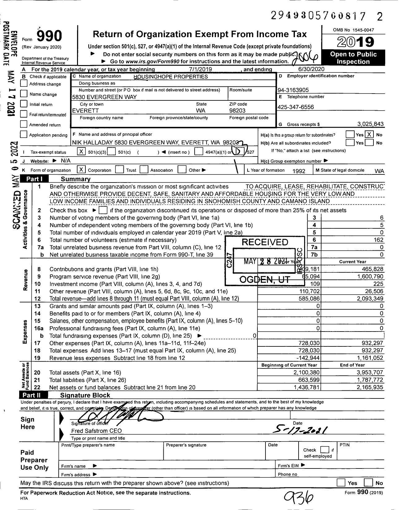 Image of first page of 2019 Form 990 for Housing Hope Properties